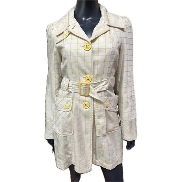 Tulle Jackets & Blazers - Tulle Yellow Stripe White Trench Coat Belted Waist Big Buttons Size Small